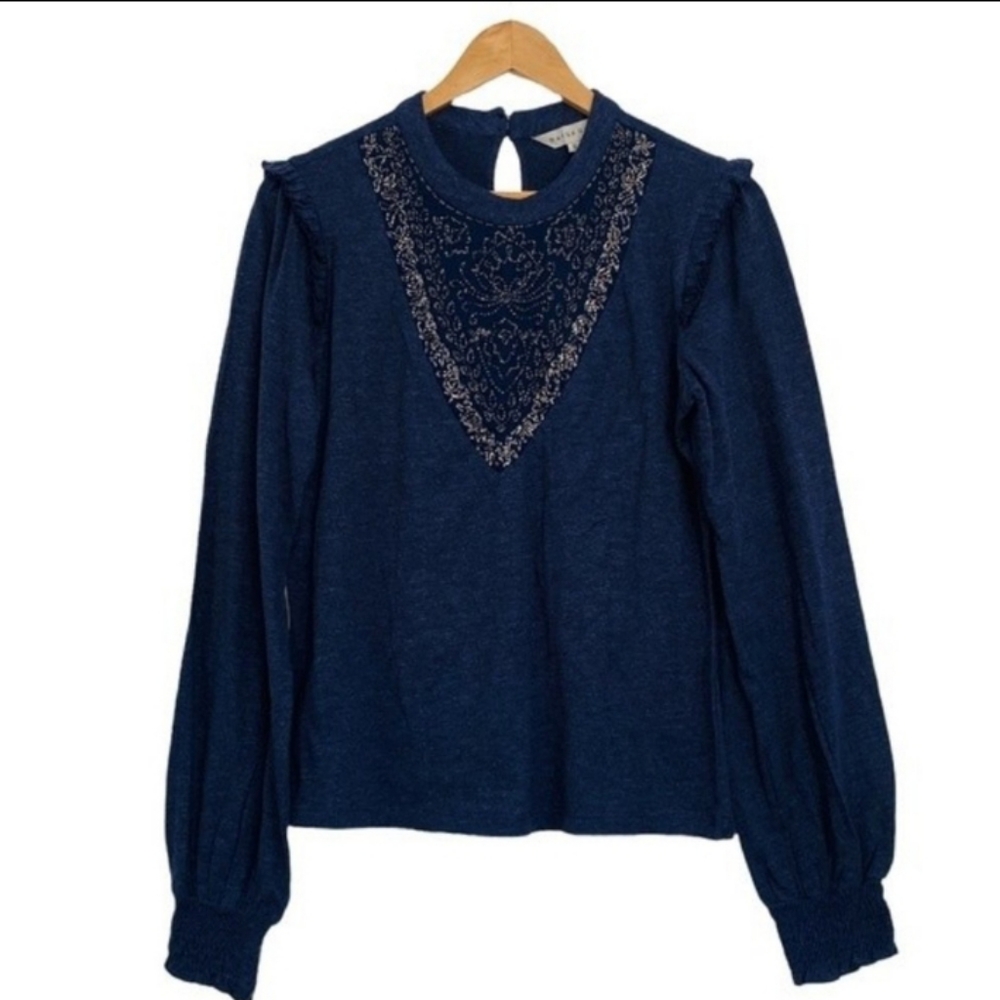 Anthropologie Ranna Gill Blue Beaded Charlene Longsleeve Top - Picture 3 of 8